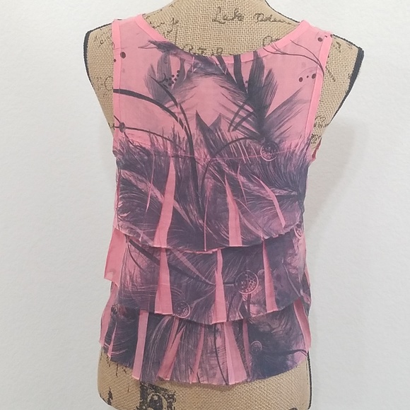 SHASA pink grey  Semi•sheer feather graphics tiered tank top Small Casual Beach - Picture 2 of 7